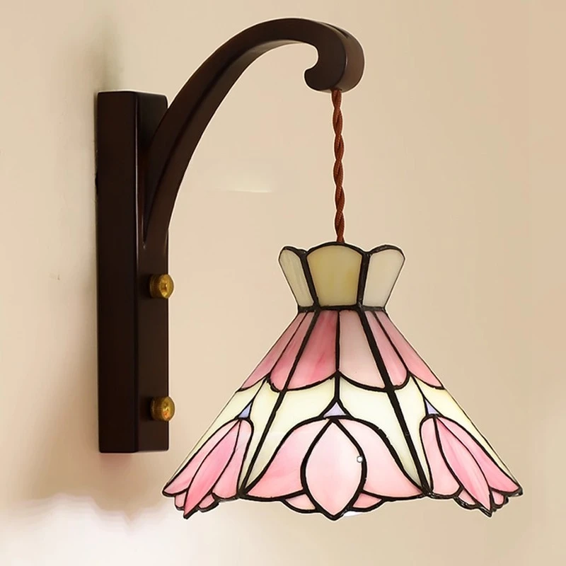 French medieval creative flower bedroom wall lamp American retro solid wood bedside lamp decorative lighting