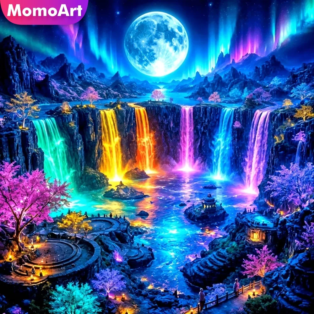 Momoart Diamant-Stickerei Wasserfall-Landschaft Vollflächiges Quadratbild Berg-Strass-Bild DIY-Mosaik Mond Einzigartiges Geschenk