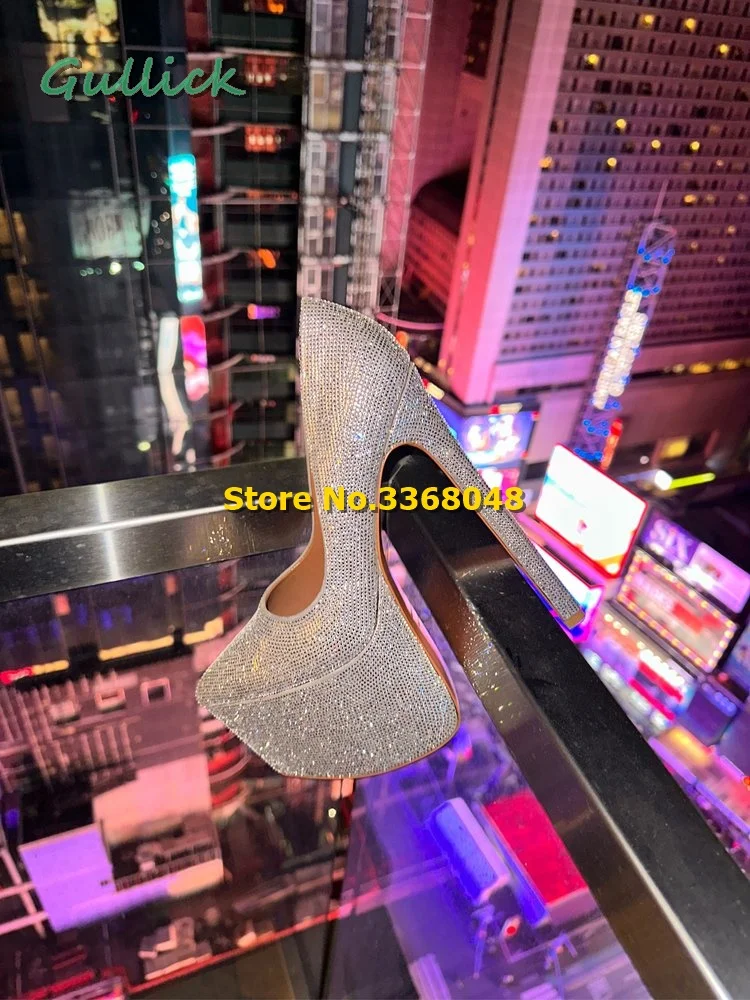 

Crystal Platform High Heel Pumps Studded Slip On Fashion Runway Women Shoes Stiletto Heel Shallow Silver Shoes