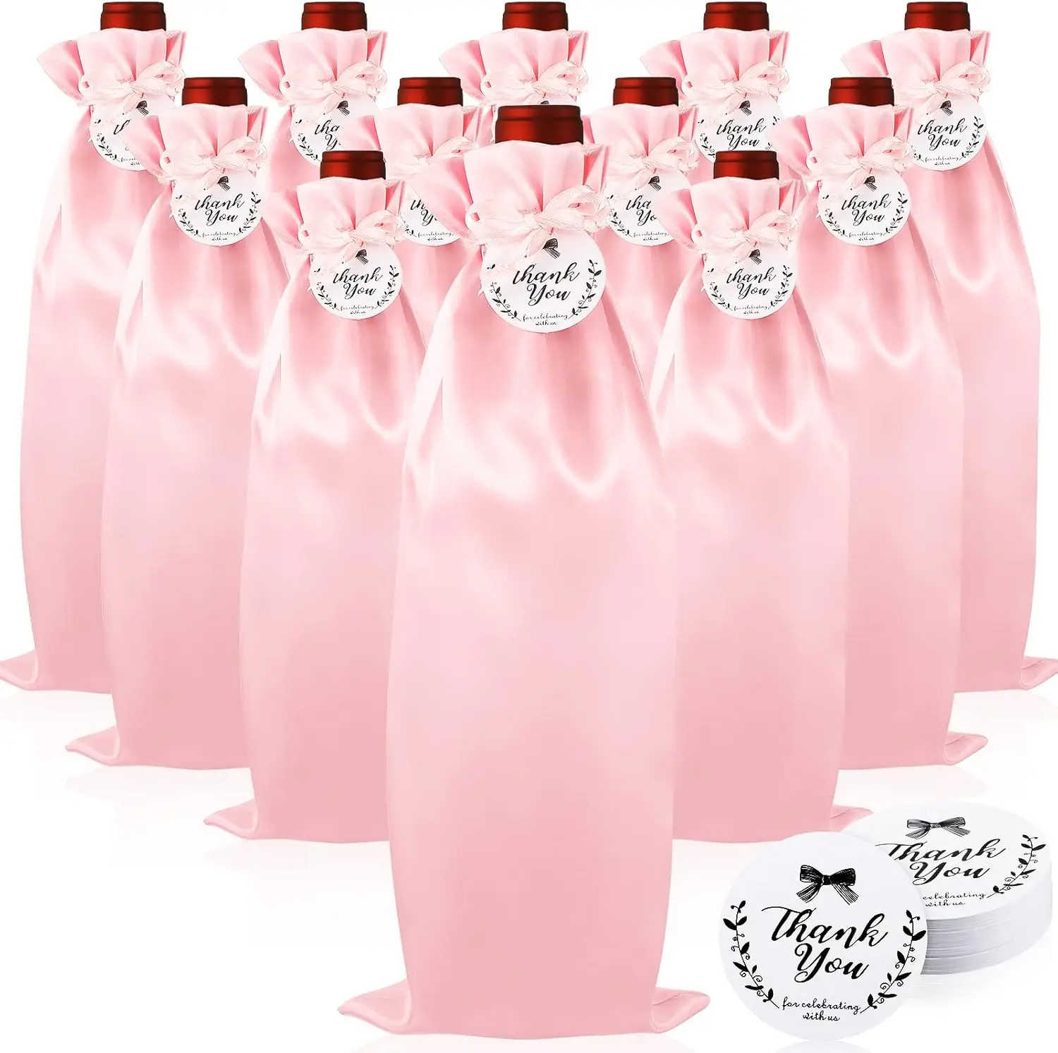 

12 Pcs Pink Satin Wine Gift Bags with Drawstrings and Tags, Wine Bottle Bags Covers Reusable for Holiday Party Supplies