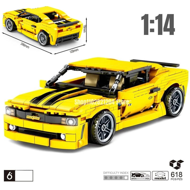 618pcs Technical 1:14 Scale Camaro Classic Car Building Block Vehicel 10304 Bricks Pull Back Model Toys for Children