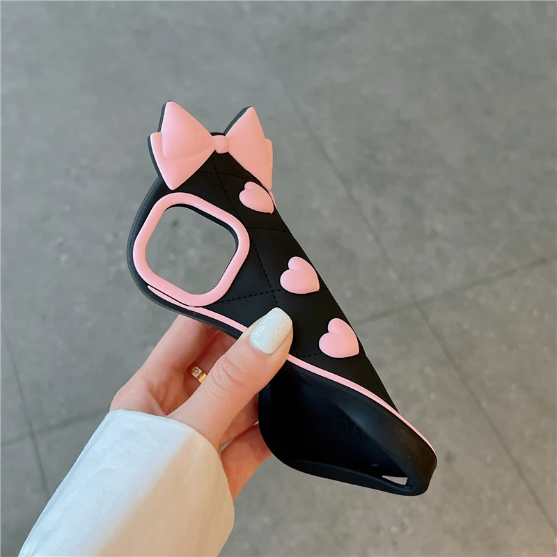 3D Cute Bowknot Heart Grid Soft Silicone Protective Phone Case for iPhone 11 12 13 14 15 Pro Max Lovely Girly Cover Shell
