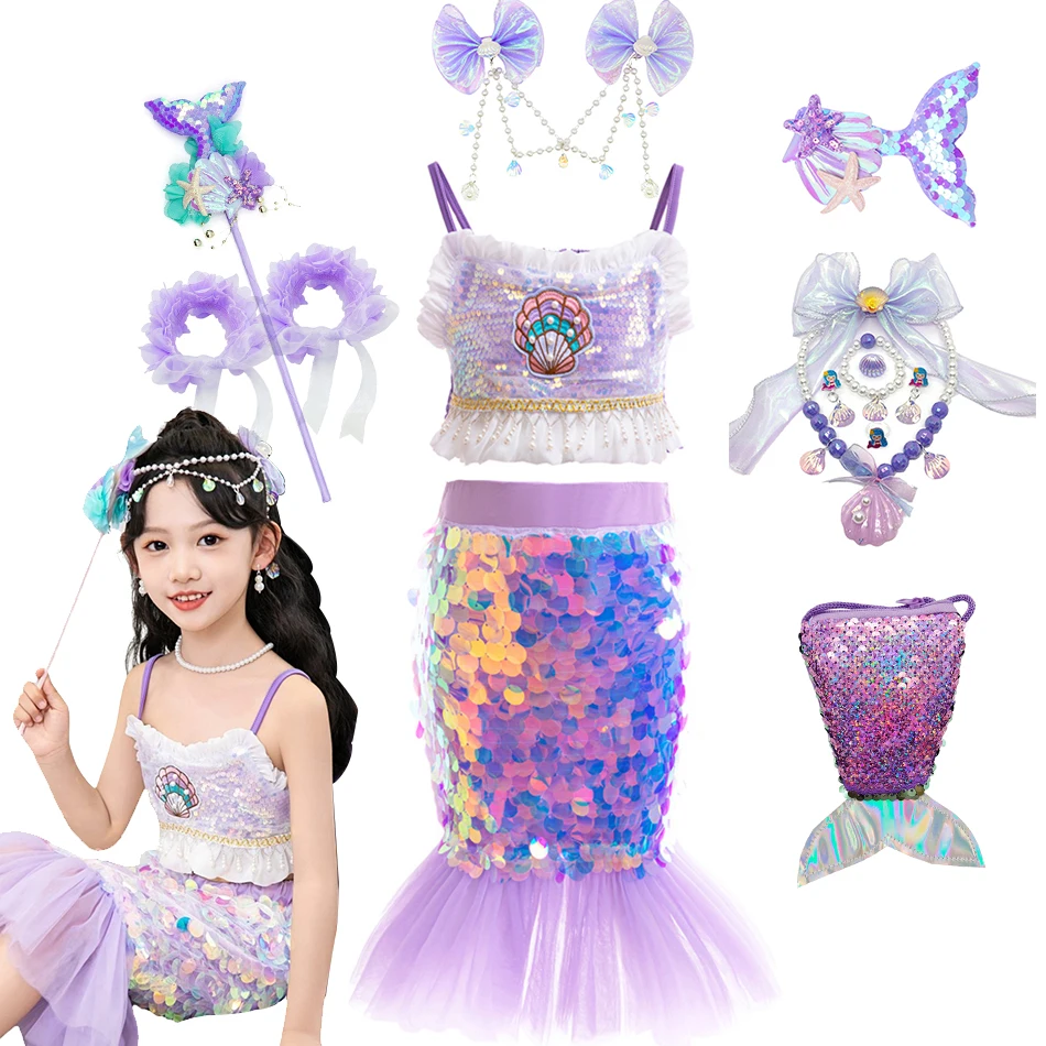 Girls Little Mermaid Theme Birthday Party Dress Shell Sequin Ruffles Sling Tops Skirt Sets Children Halloween Disguise Gowns