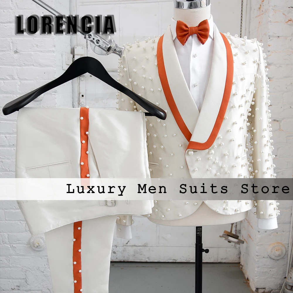 

Exquisite Beaded Pearls Suits for Men 2 Piece Groom Wear Double Breasted Wedding Tuxedos Customized Blazer Pants costumes homme