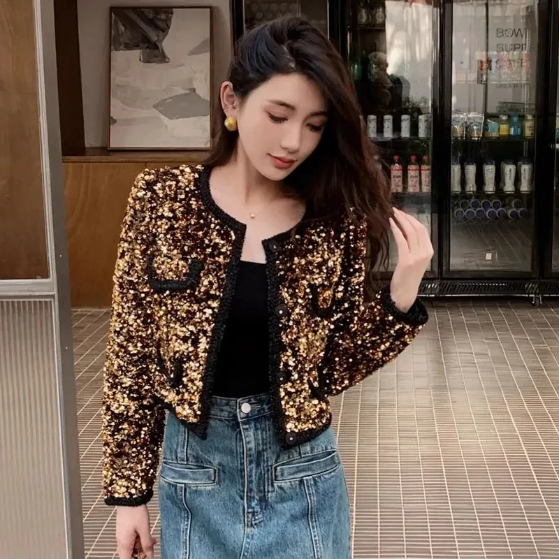 

Luxury Runway Autumn Golden Sequines Short Cardigan Coat 2023 New Vintage Women O Neck Long Sleeve Tweed Weave Party Jacket Tops