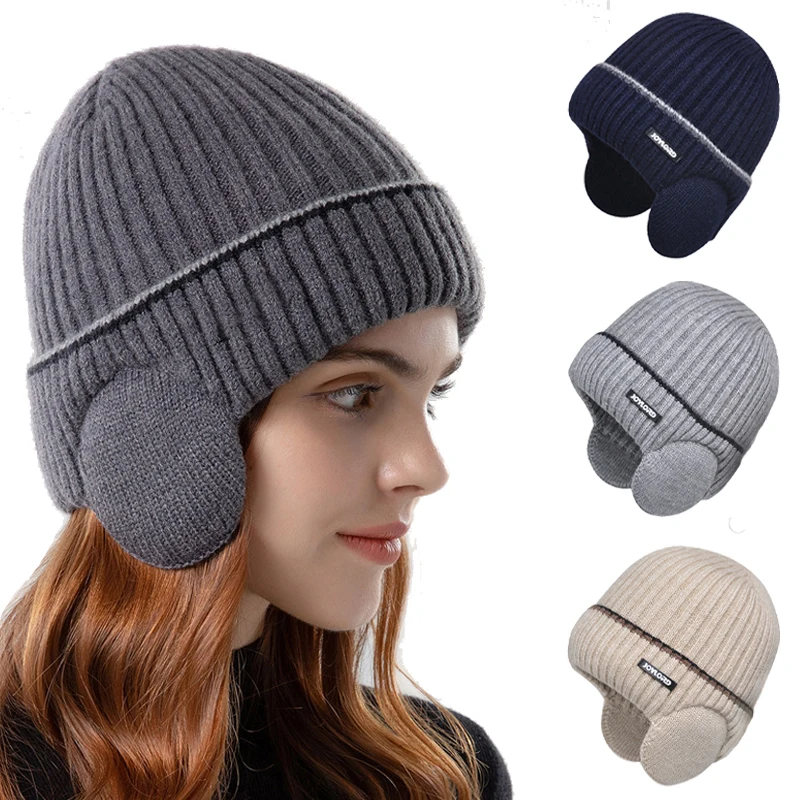 

Winter Knitted Beanies Hat with Earmuffs Men Women Plush Warm Woolen Pullover Cap Ear Protection Bonnet Outdoor Sport Skiing Cap