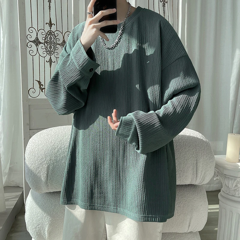 2026 Frühling Sommer Herren Hoodies Locker Sitzende Hip-Hop Freizeitoberteile Herren O-Ausschnitt Langarm Einfarbig Sweatshirt Herren Streetwear Übergroß