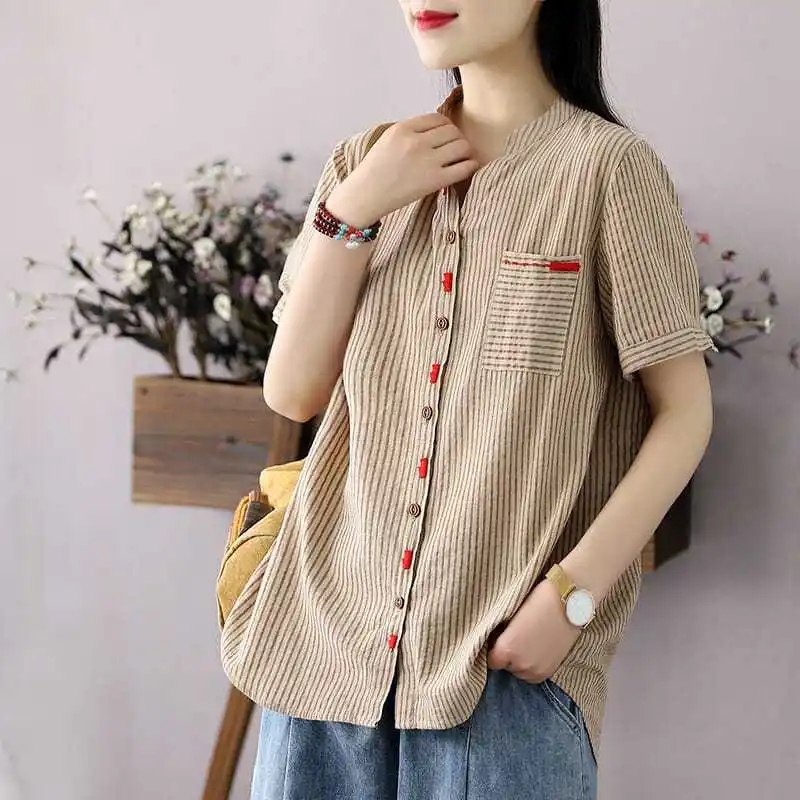 Women Japanese Vintage Striped Print Embroidered Cotton Button Shirts Summer Stand Collar Short Sleeve Blouse Loose Blusas Ropa