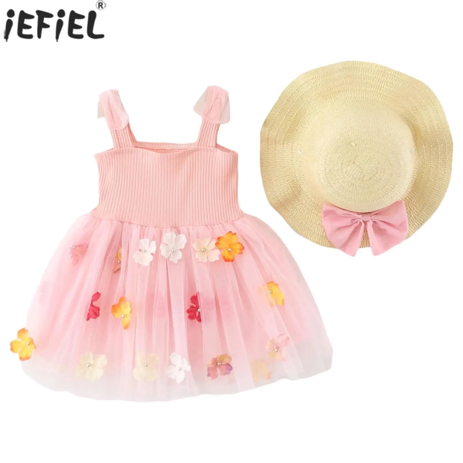 

Toddler Baby Girls Summer Sweet Dress Spaghetti Strap Flower Tulle Party Dress with Bowknot Straw Hat for Holiday Beach Trips