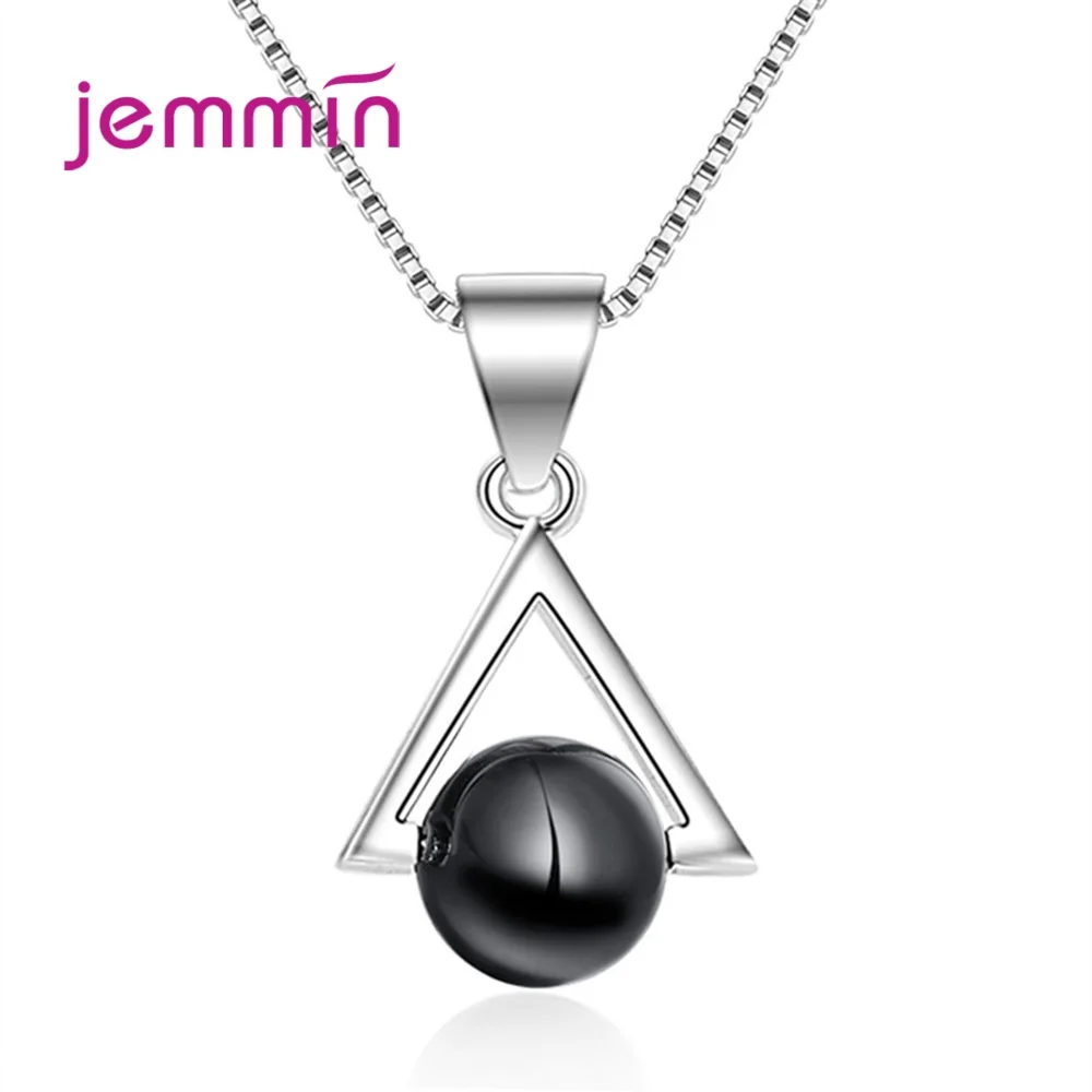 Simple 925 Sterling Silver Triangle Black Ball Pendant Necklaces For Women Girls Daily Anniversary Party Fashion Jewelry Gifts