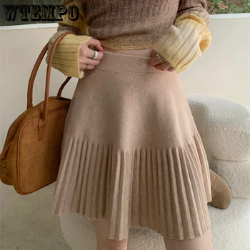 女性用プリーツニットスカート,ハイウエストスカート,フレアシェイプ,婦人服,秋