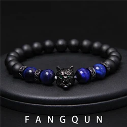 New Handmade 8mm Beaded Bracelet Men Natural Stone Blue Tiger Eye Beads Bracelet Black Wolf Head Charm Energy Bracelet Jewelry