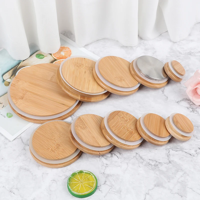 Wooden Jars Lids Silica Gel Circle Seal Up Lids Flower Wood Cover Canister Wooden Bamboo Lid Cup Lid