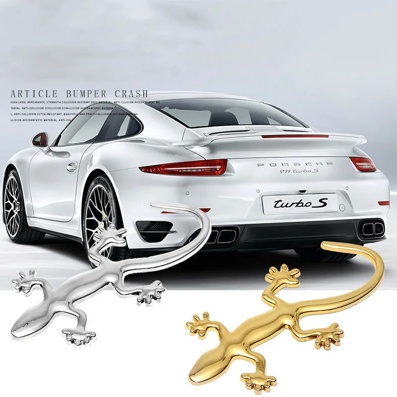 3D Metal Gecko Shape Lizard Logo Chrome Car Badge Emblems Sticker Decal Self-adhesive Car SUV Decoration Accessories Silver/Gold