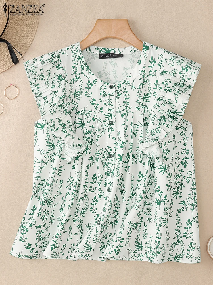 

Summer Bohemain Holiday Blouses ZANZEA Women Stylish Floral Print Tops Fly Sleeve O Neck Camis Mujer Casual Work Shirt Oversize