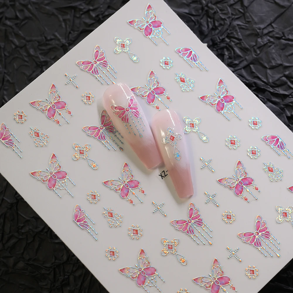 1Pcs 5D Red Tassel Butterfly Nail Art Stickers Retro Lotus,Fan,Star/Moon Tassel Chain Nail Decals Adhesive Nail Art Decorations