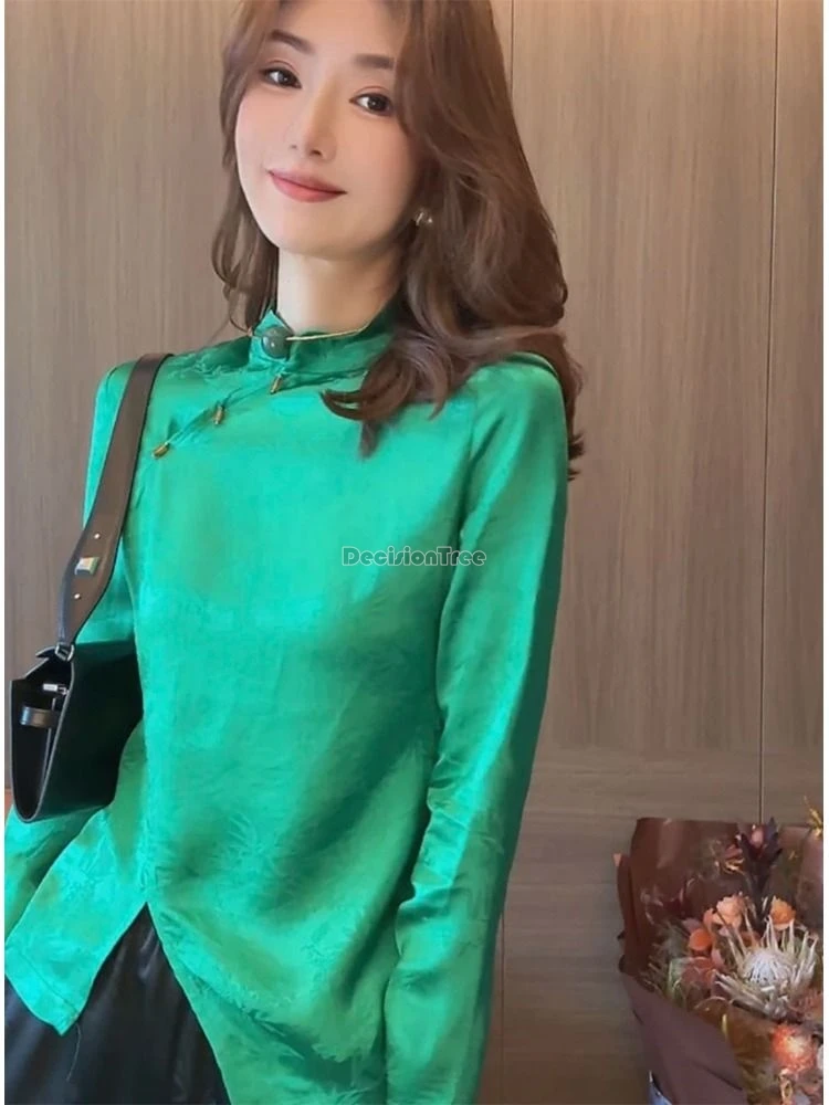 2024 women fashion solid color crew-neck inclined slit long-sleeved cheongsam shirt new chinese style slim fashion blouse w365