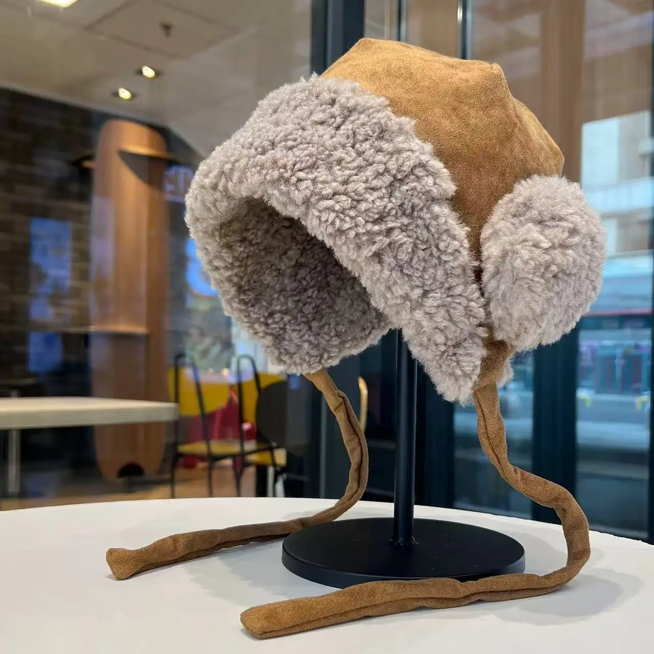 Winter Simple Lamb Fur Ear Protector Hat for Women Versatile Tied Thick Warm Pilot Cap Trendy Outdoo Skiing Cycling Hat