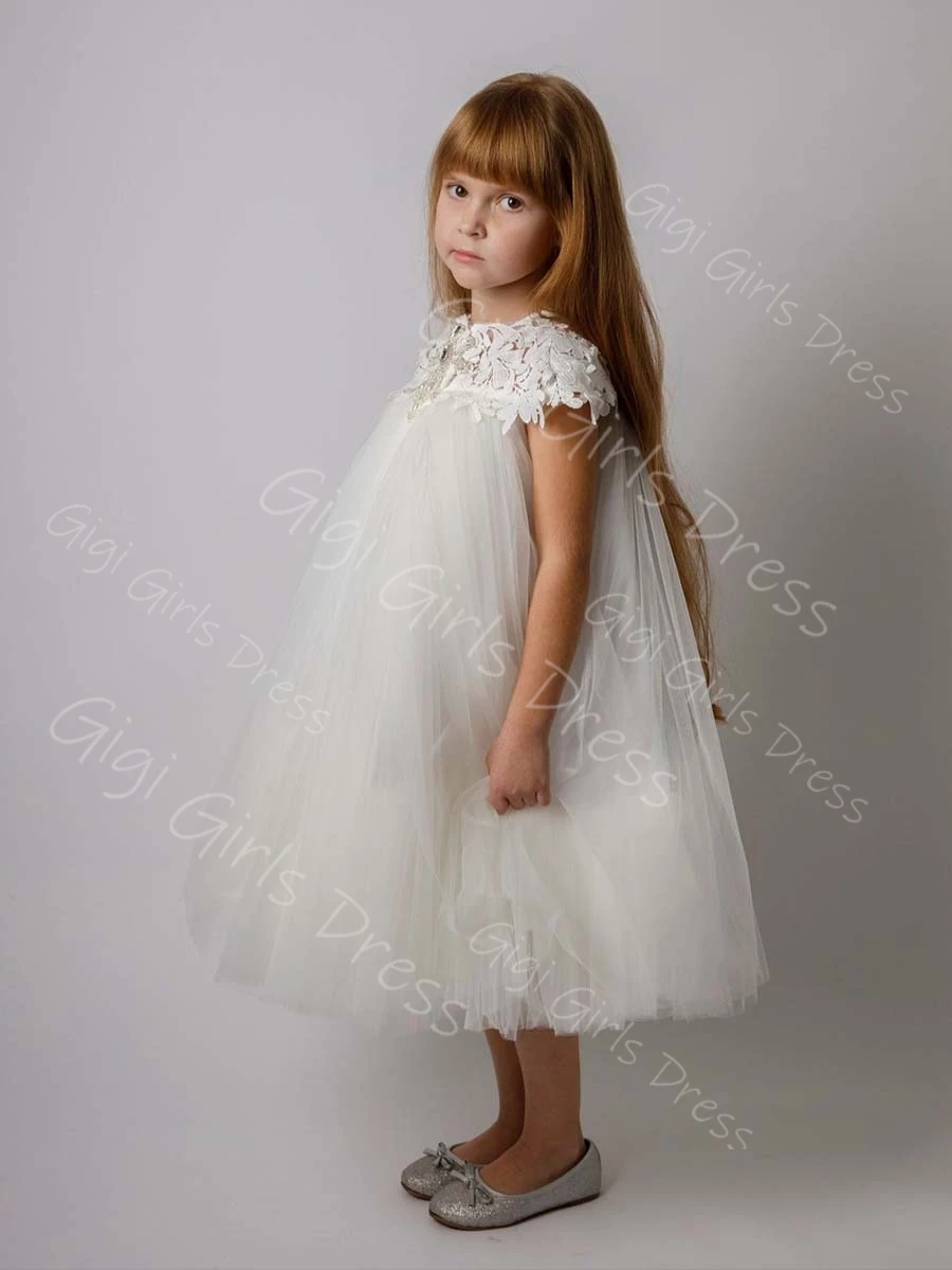 Ivory/White Flower Girl Dress for Kids Crystal Beaded Lace Tulle First Communion Dress Tea-Length Wedding Party Ball Gown Custom