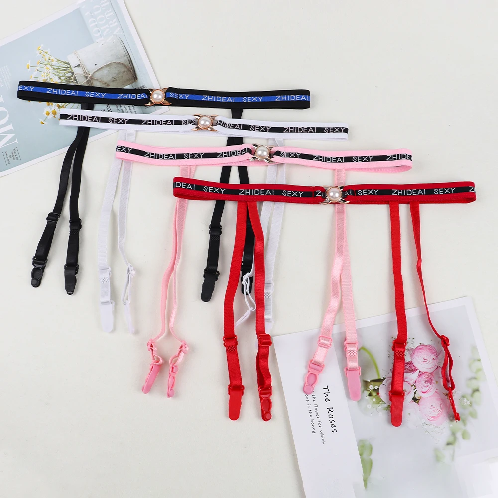 حزام رباط رياضي مثير عالي الخصر بحروف لؤلؤية وإكسسوارات جورب بحمالات مضادة للانزلاق