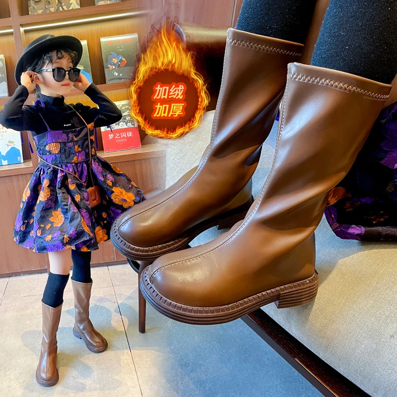 

Children's Fashionable Long Boots Winter 2025 New Style Martin Boots Black High Boot Children's Leather Boots Waterproof