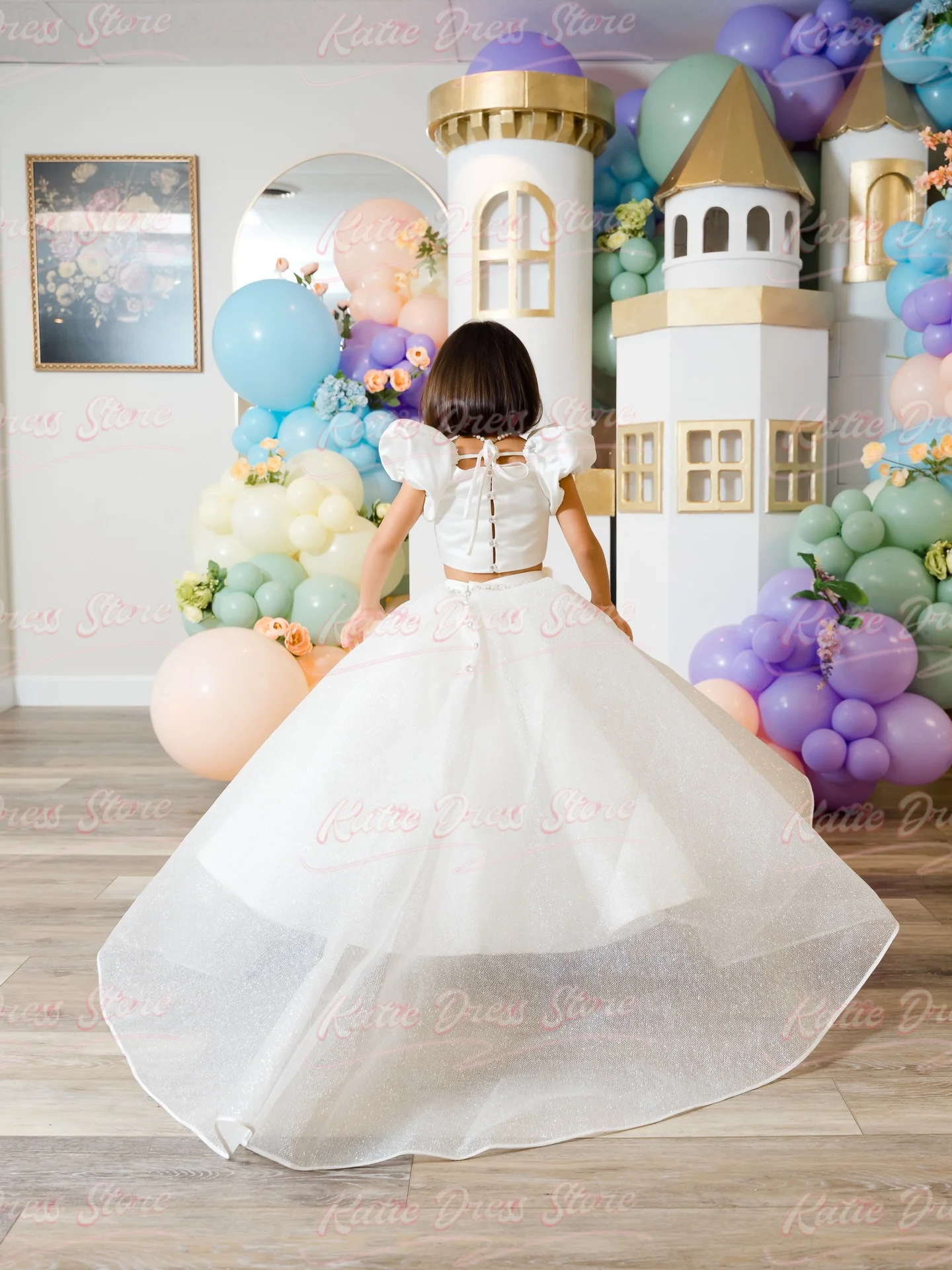 White 2pcs Flower Girl Dress For Wedding Puffy Tulle Brading Shiny Kids Birthday Party First Communion Ball Gowns Customized