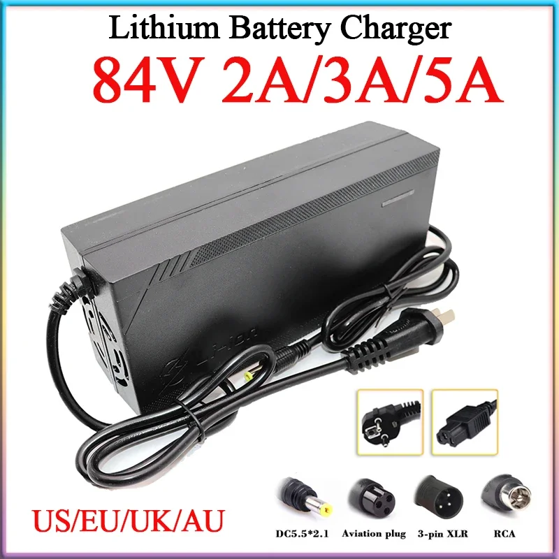 Nowa ładowarka akumulatorów litowych 84V 2A/3A/5A AC110-240V do DC dla 20S 72V 20Ah elektryczny dwukołowy/motorower szybkie ładowanie US/EU/UK/AU