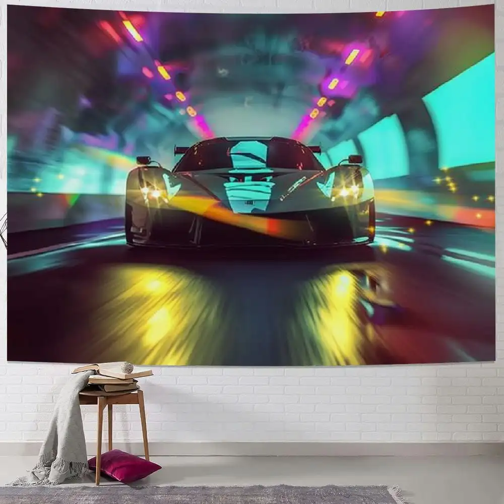 

Neon Racing Car Tapestry - Futuristic Speed Decor for Bedroom, Adds Vibrant Lights and Dynamic Energy to Your Space