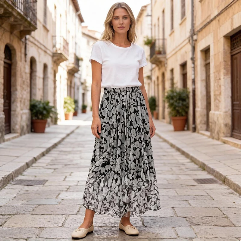 100% Mulberry Silk Women Skirt Black White Floral Printed Long Type Big Hem Skirt With Lining Summer Beach M1522
