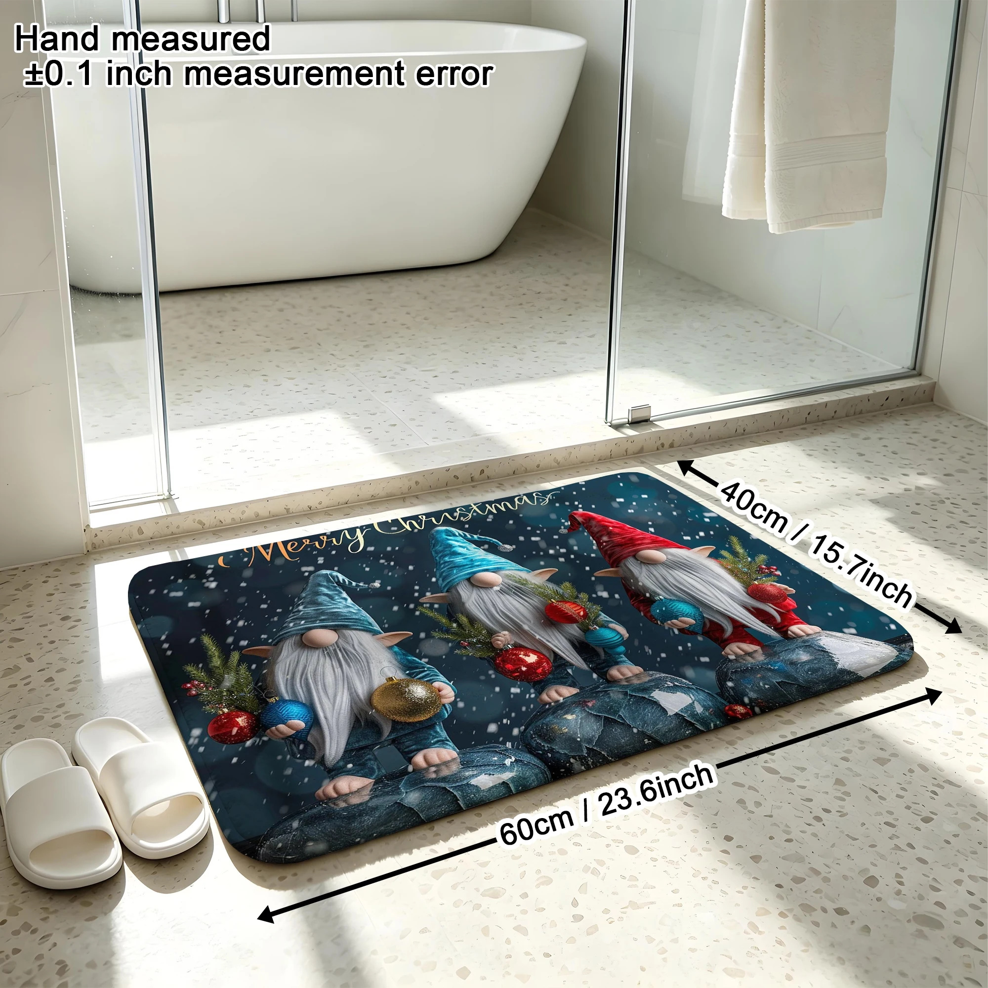 Snowy 3D Christmas Gnome Ornament Print Plush Absorbent Sponge Mat,Bathroom Non‑Slip Mat & Decorative Door Mat