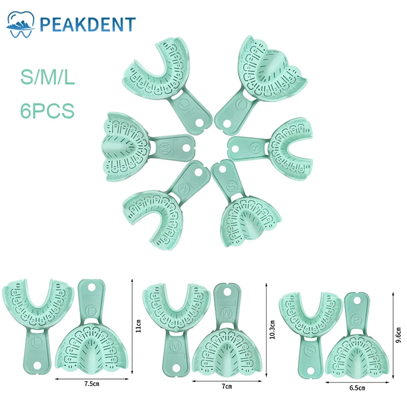 6pcs Dental Implant Tray Green Full Mouth Removable Partial Mold Tray Disposable Impression Tray Easy Fit children S/M/L