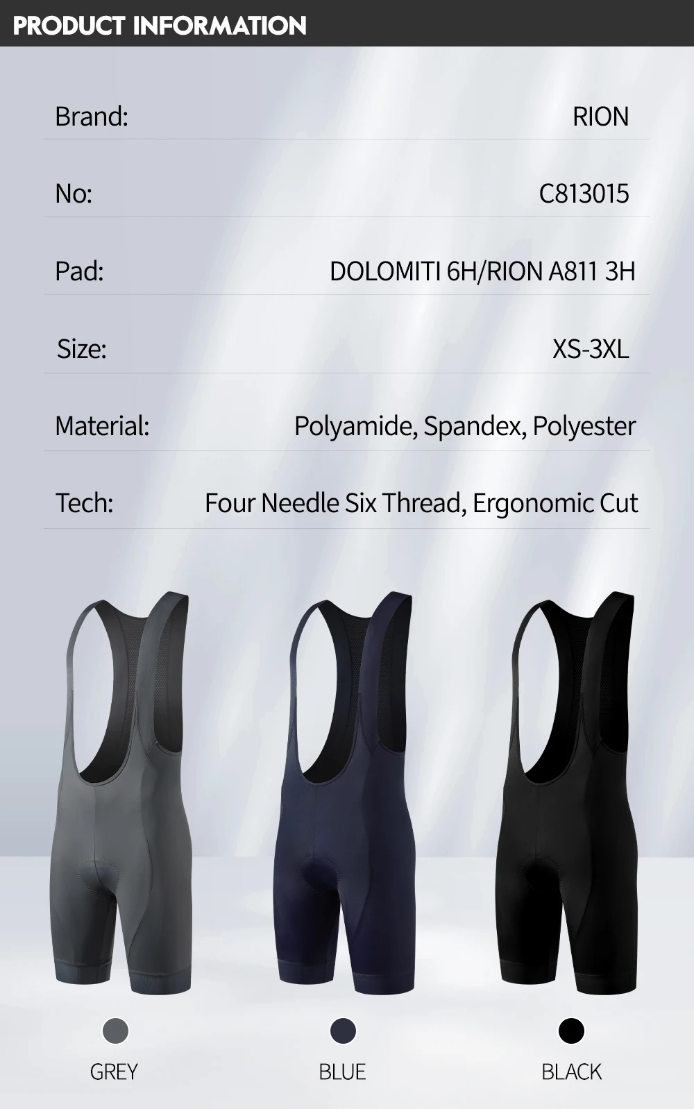 RION Herren Radsport-Trägerhose Fahrrad-Tights MTB Mountainbike-Bekleidung Rennrad-Ausrüstung Italienische Dolomiti-Polster 6H Slim Fit – Detail 2