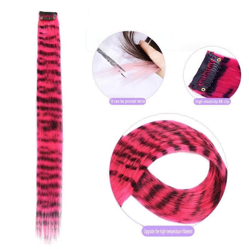 Extensión de Cabello Sintético de Color con Tarjeta, Invisible y Sin Rastros, Estampado de Leopardo, Largo Lacio con Mechón Colgante 3