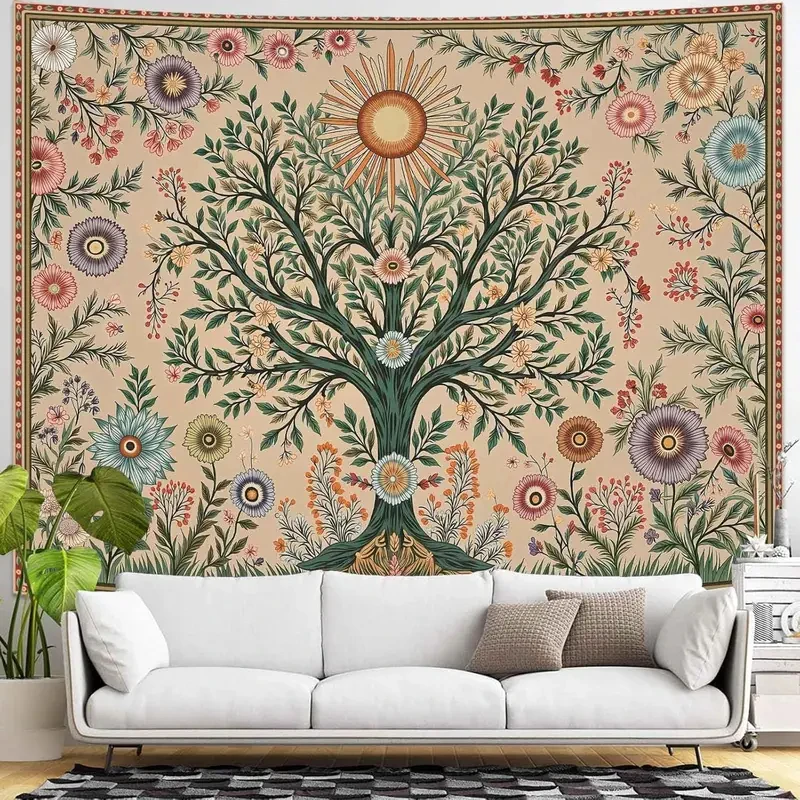 VIKAMA Tree of Life Tapestry, Boho Floral Botanical Wall Cloth for Bedroom Dorm & Aesthetic Room Background Decor