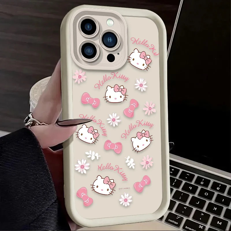 Cute INS Hello Kitty Flower Case For iPhone 16 15 14 13 12 11 Pro Max X XS X S Max XR SE 2020 7 8 Plus Shockproof Silicone Capa