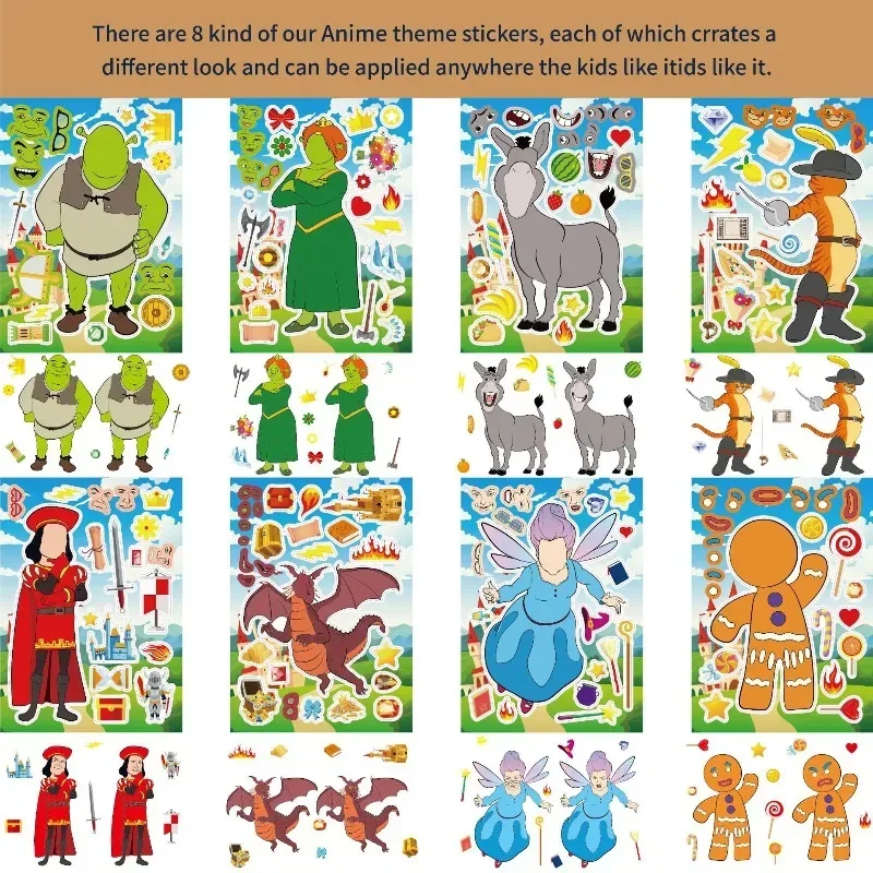 Dsn 8/16 Stück Anime Niedliche Shreks Aufkleber Gesichtszusammenbau Puzzle-Sticker DIY-Spiel Lernspielzeug Cartoon Zusammenbaubare Aufkleber Geschenk – Detail 3