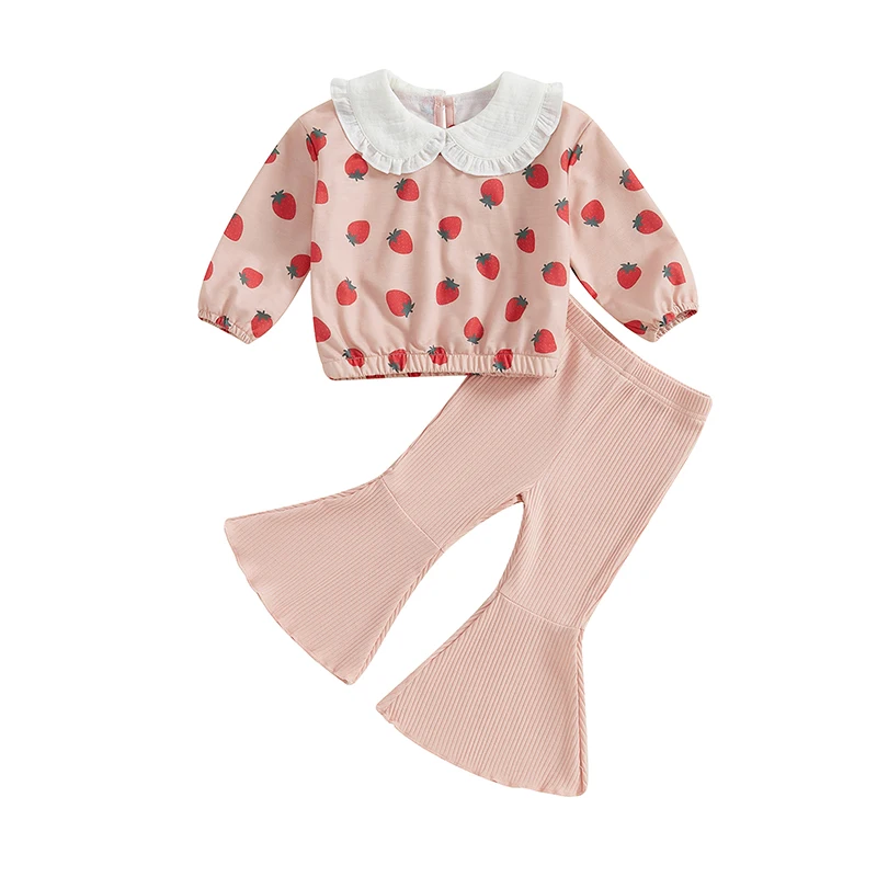 Toddler Girl Fall Outfits Strawberry Print Long Sleeve Doll Collar Sweatshirt with Solid Ribbed Flare Pants Set