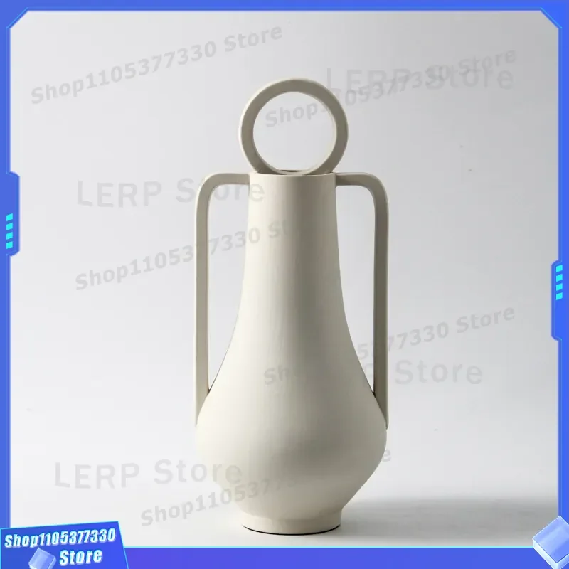 Creative Matte Ceramic Vase with Ring Handle Designer Flower Ware for Living Room TV Cabinet Decoration Modern Home Ornament