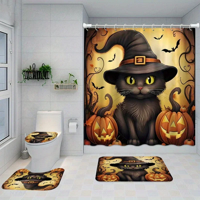 Halloween Cat and Pumpkin Shower Curtain Set with 12 Hooks - Woven Polyester, Water-Resistant Fashion Theme Bath Decor - Include