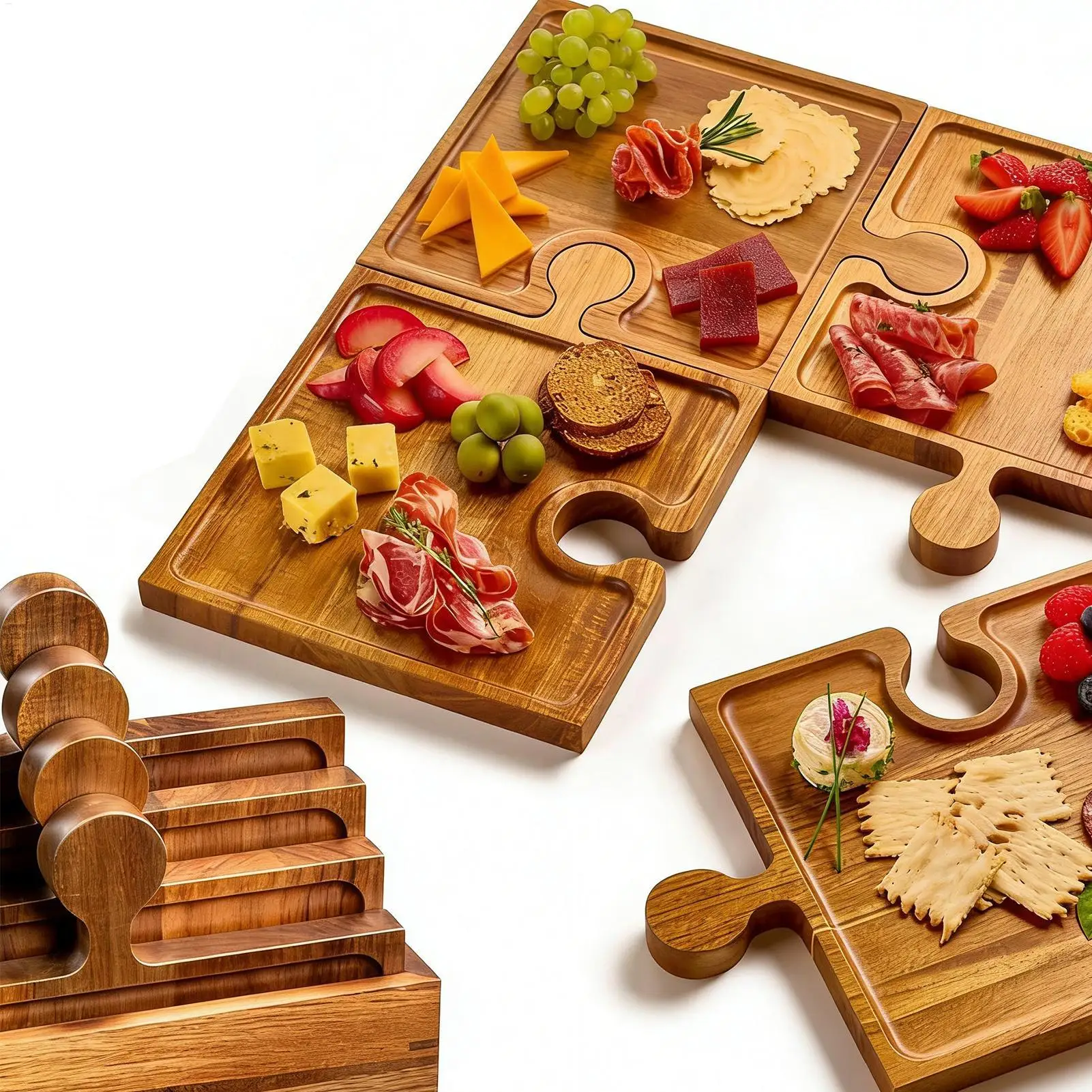 

Puzzle Food Display Tray Wooden Charcuterie Board Snack Serving Tray Food Platter Appetizer Board For Meat Fruit Cheese Snack