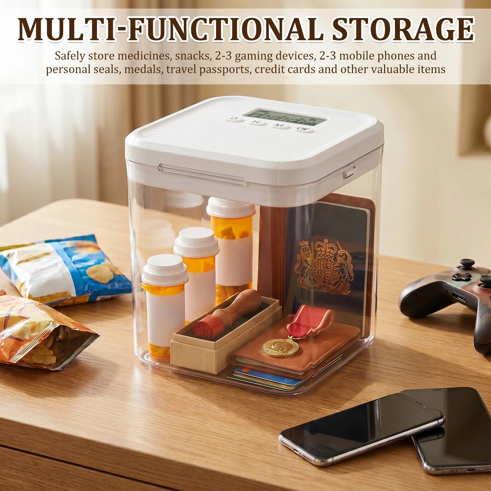 Timer Lock Box Transparent Timed Storage Box 30 Days Max Timer Electronic Lockable Container for Phones Files Items Safe Storage