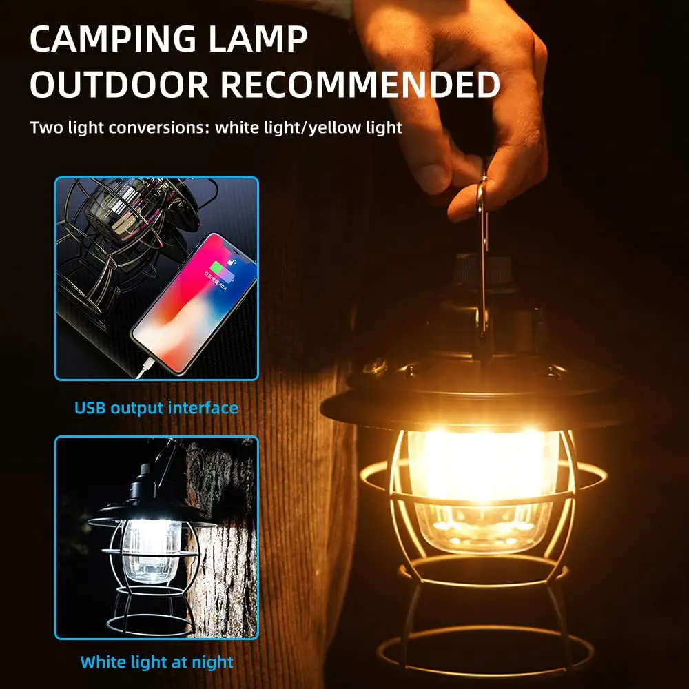 IPX4 Waterproof Outdoor Portable Rechargeable Led Rechargeable Vintage Retro Metal Hanging Camping Lantern Dimmable Torch Lights