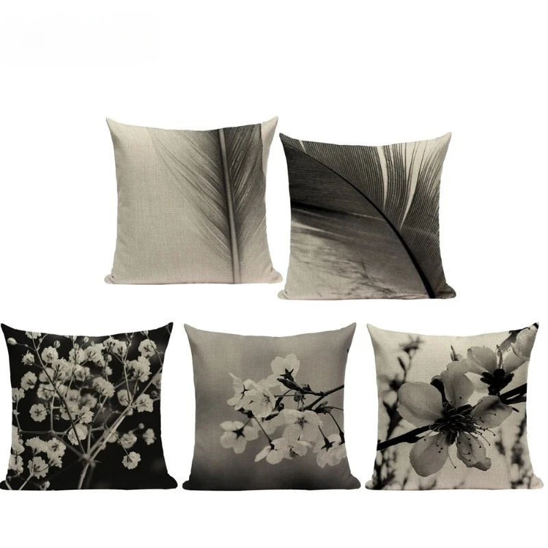 Simply Black White Scenic Building Geometric Plant Flower Throw Pillow Case Polyester Sofa Cushion Cover for Home Living Room