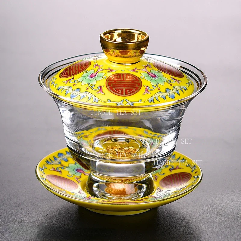 

Enamel-painted glass covered bowl Pu'er tea crystal tea bowl lotus hand-painted travel tea cup