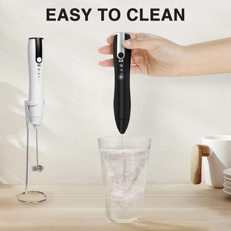 Rechargeable Milk Frother Handheld With 3 Speeds Powerful Whisk Drink Mixer With 2 Head White Milk Frother 1Set