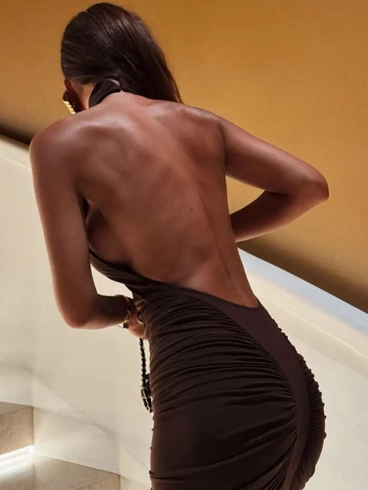 XIAOTANG タートルネック背中の開いたシャーリングセクシーなマキシドレス女性ブラウンオフショルダー背中の開いたボディコンクラブパーティーロングドレス女性