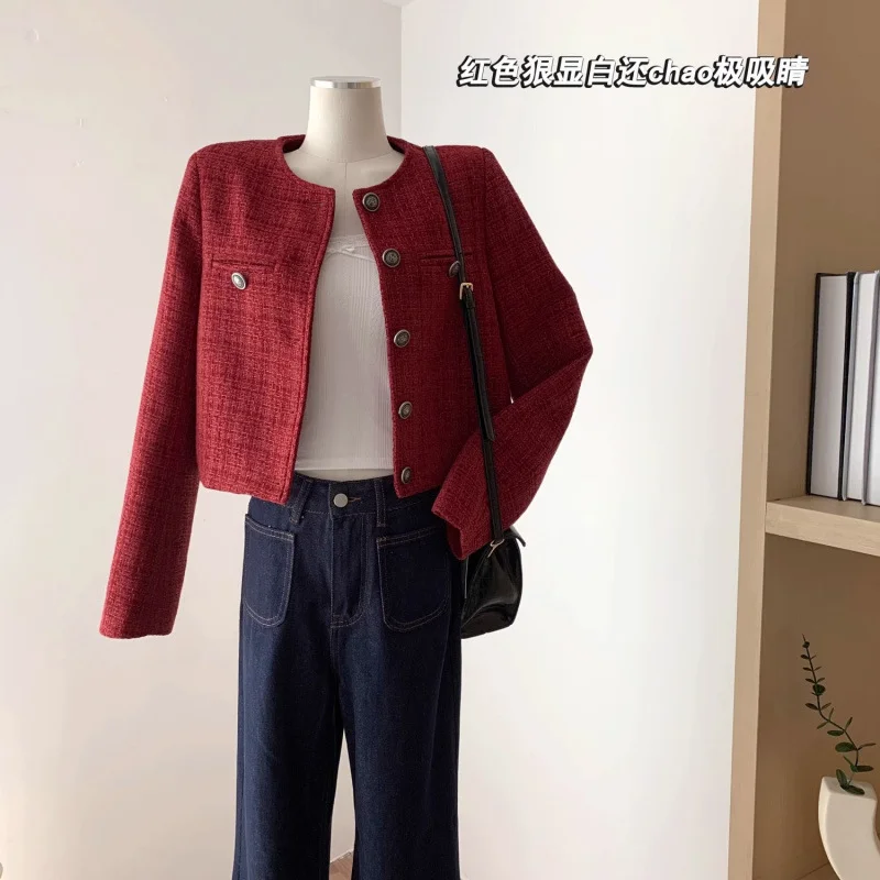 Women Elegant Tweed Cropped Jacket Autumn Korean Round Neck Single Breasted Coat Retro Luxury Loose Long Sleeve Casual Outerwear