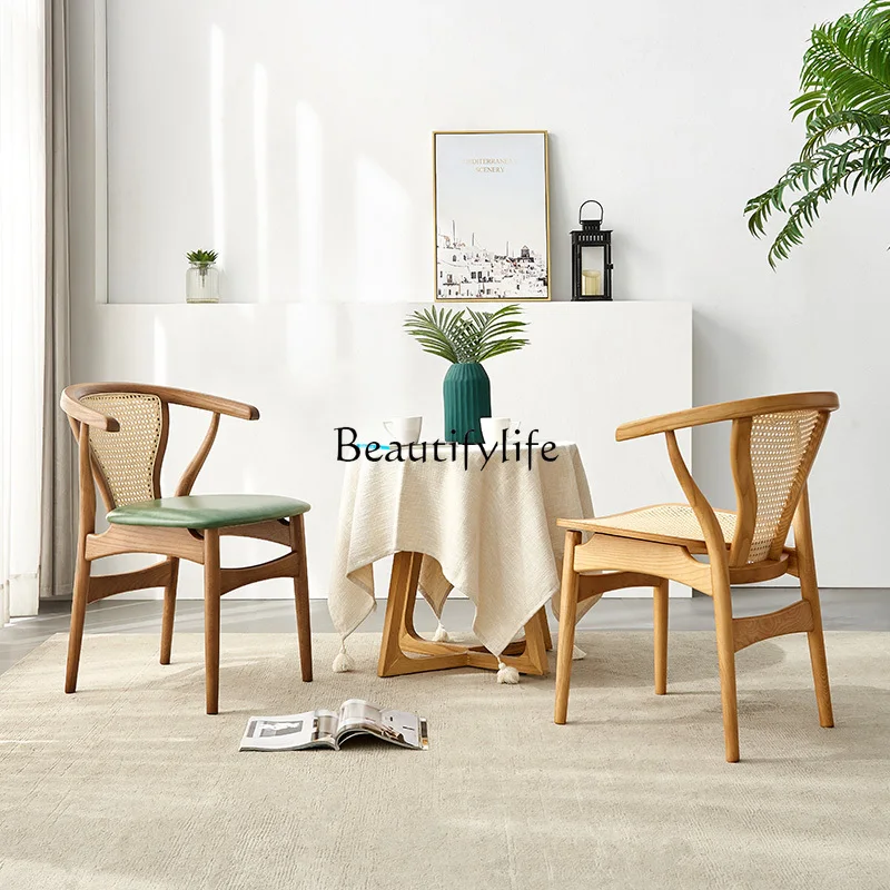 Simple Rattan Dining Chair Balcony Retro Wooden Lounge Chair