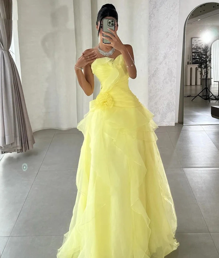 Aangepaste sexy tule a-lijn 3D bloemen ruches avondjurk hoge kwaliteit lieverd mouwloze vloerlengte galajurken