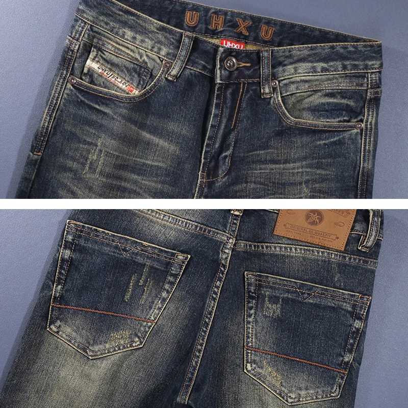 

Y2KFashion Designer Men Jeans High Quality Retro Washed Blue Stretch Ripped Jeans Men Italian Style Vintage Slim Fit Denim Pants